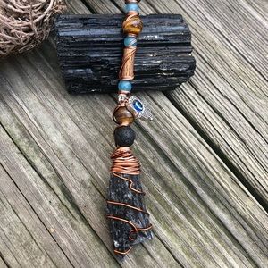 Wire Wrapped Black Kyanite Witch’s Broom Besom Necklace
